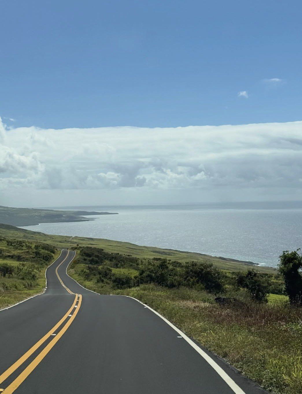 Empty Road to Hana pavement descending past grassy slopes toward the ocean
