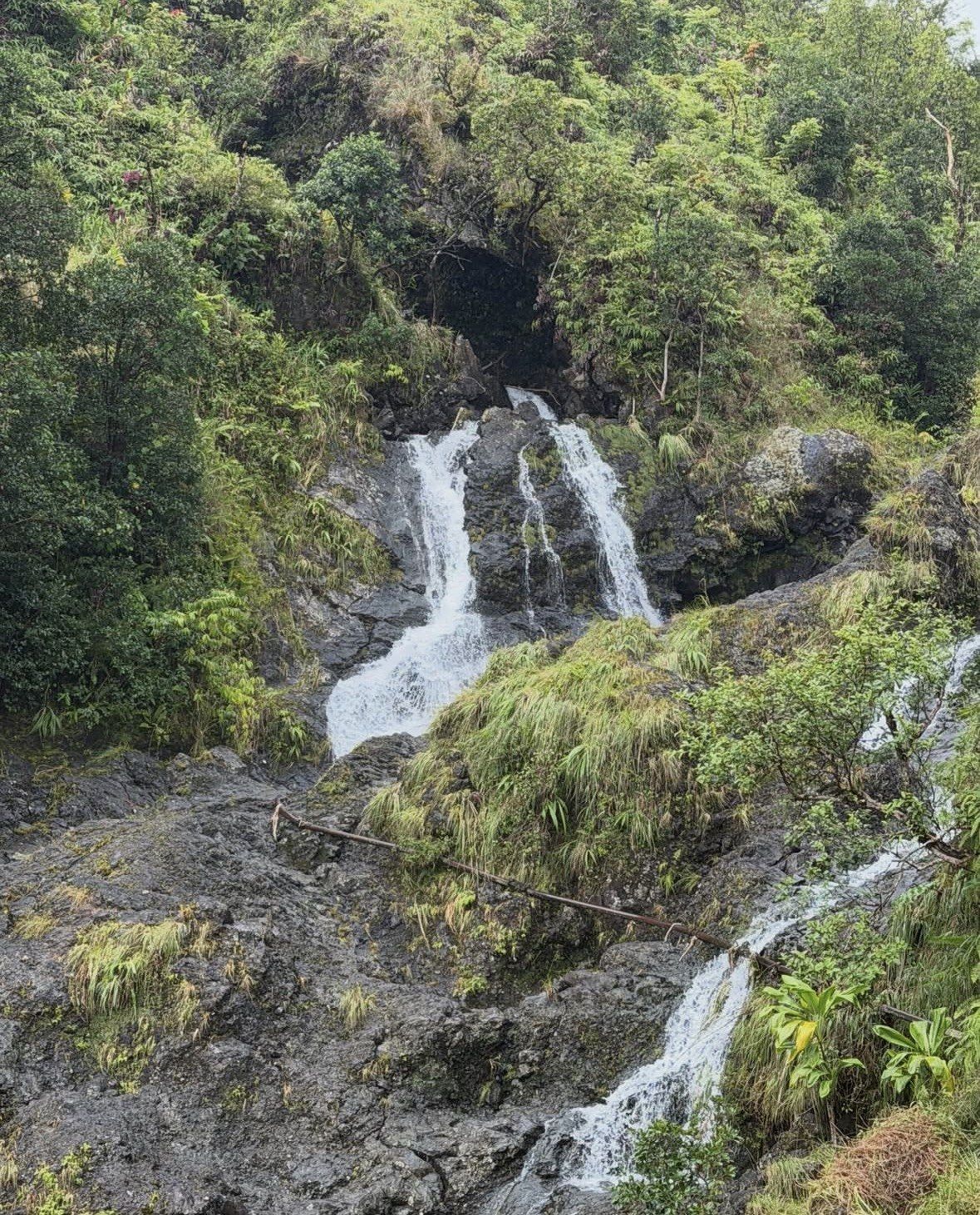 Twin waterfalls dropping over dark rock in thick Road to Hana jungle